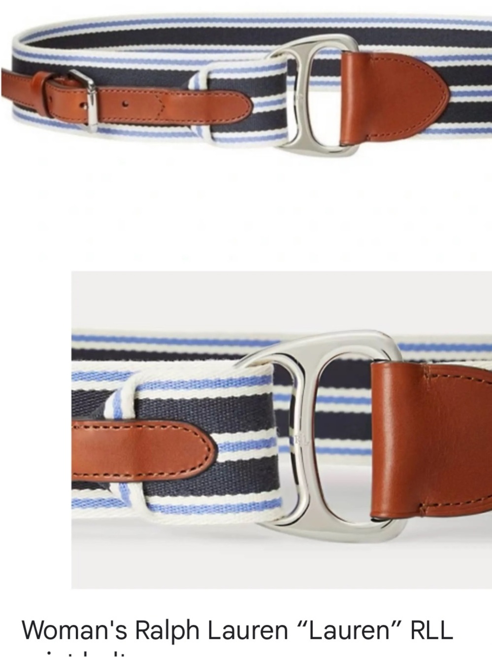 Ralph Lauren Striped Canvas Belt in Navy, Light Blue & White with Brown Leather
